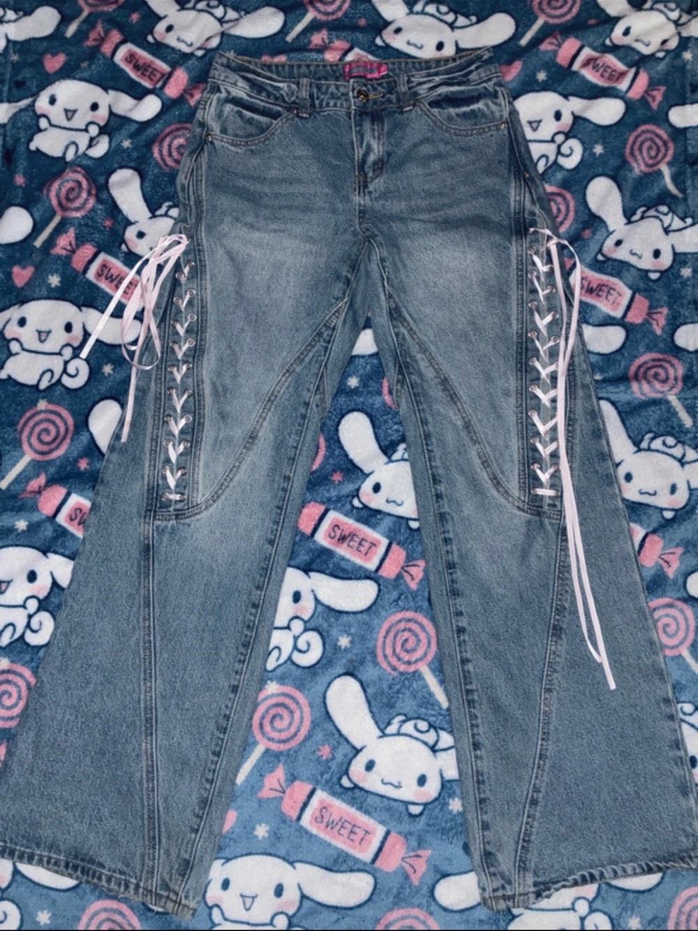 Edikted Blue Flare Jeans with Pink Lace-Up Side Panels